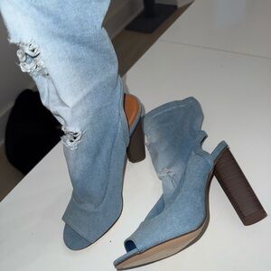 Trendy Blue Denim Open-Toe Heeled Boots